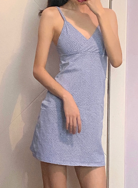 Brandy girl晚晚同款BM小清新V领碎花吊带连衣裙海边短裙女