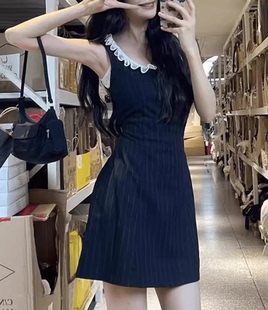 bm百搭氣質(zhì)修身 Brandy新款 黑色條紋無(wú)袖 連衣裙女夏季 中裙顯瘦裙子