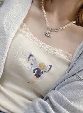 Brandy Girl新款小天使印花吊带背心女bm美式纯棉花边打底上衣