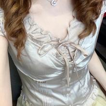 Brandy girl bm香槟色荷叶边短袖上衣女早秋缎面收腰显瘦排扣衬衫