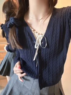 Brandy长袖V领针织开衫女麻花套头上衣bm纯棉内搭修身气质打底衫