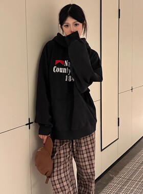 Brandy bm秋季黑色美式宽松慵懒松弛chic字母印花连帽帽衫卫衣女