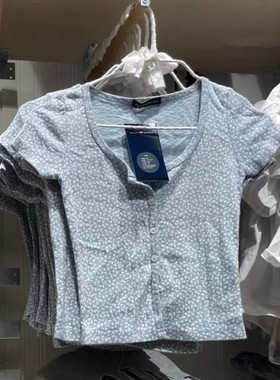 Brandy Girl赵露思同款蓝色碎花甜辣上衣bm风碎花高腰短袖开衫t恤