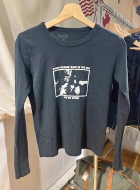 Brandy新款美式黑色吉他印花长袖t恤女bm纯棉圆领修身打底上衣潮