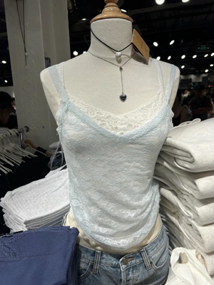 BM薄荷绿蝴蝶结镂空透视蕾丝小吊带上衣女辣妹风内搭外穿背心潮