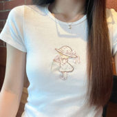 bm白色超好看女孩刺绣正肩短款 白t恤上衣女2025新款 修身 短袖