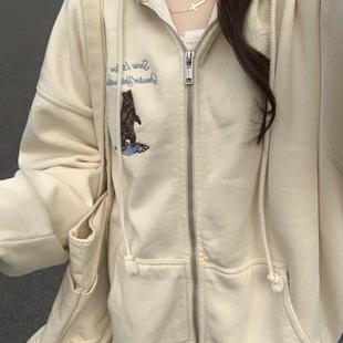 复古米白纯棉小熊刺绣连帽拉链卫衣宽松外套女 bm美式 Brandy girl