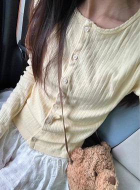 brandy bm新款美式嫩黄色显白针织开衫圆领长袖薄款防空调衫