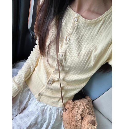 brandy bm新款美式嫩黄色显白针织开衫圆领长袖薄款防空调衫