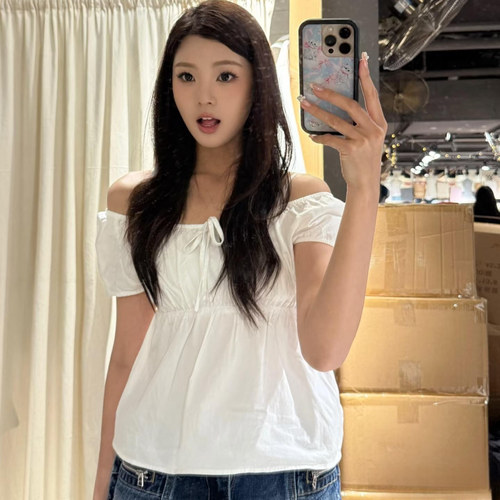 Brandy bm绝美白色系带收腰短款娃娃衫一字领衬衫女2025上衣