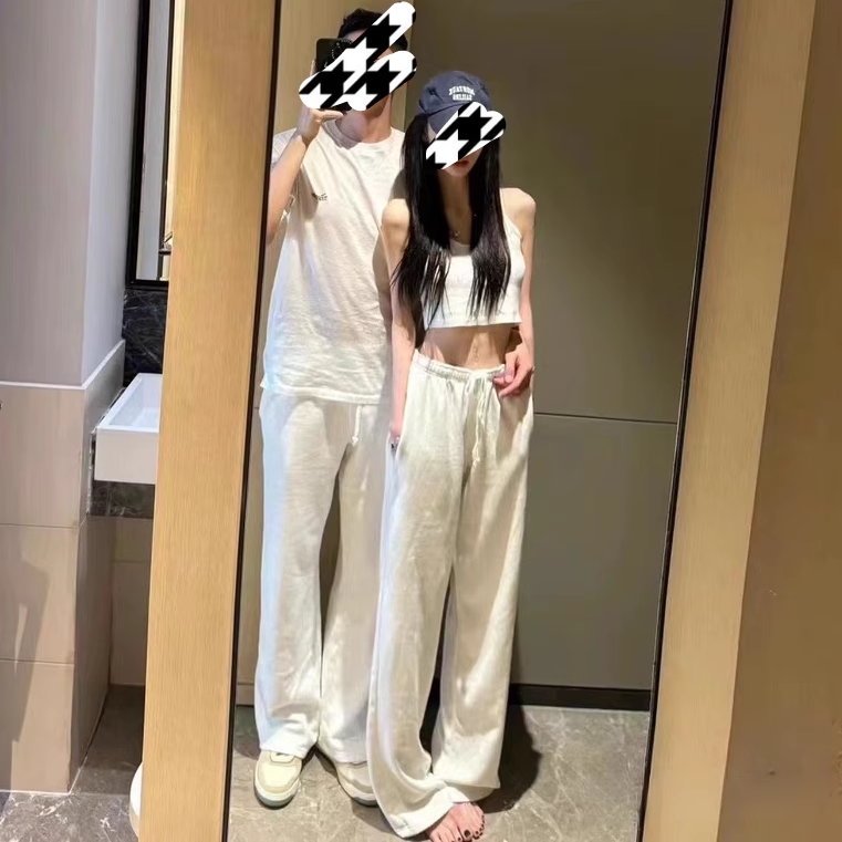 BM夏季新款薄款白色抽绳棉质阔腿裤运动卫裤女宽松休闲显瘦长裤