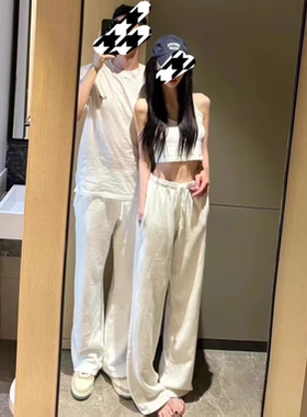 BM夏季新款薄款白色抽绳棉质阔腿裤运动卫裤女宽松休闲显瘦长裤