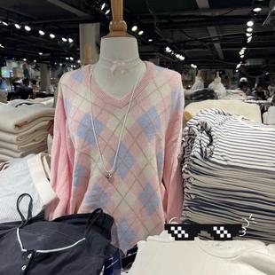 Brandy 上衣 bm粉色复古菱格v领毛衣女秋冬宽松慵懒软糯针织衫