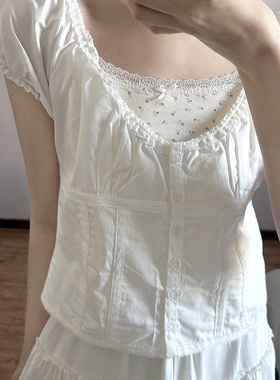 Brandy Girl bm叠穿甜辣上衣夏季设计感白色泡泡袖短袖衬衫显瘦女