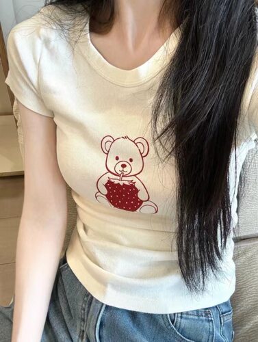 Brandy girl bm草莓小熊T恤正肩套头短袖T恤女夏季显瘦原宿风上衣