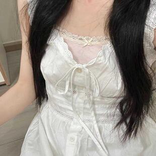 Brandy girl白色初恋感高腰蕾丝荷叶边吊带连衣裙初恋小白裙