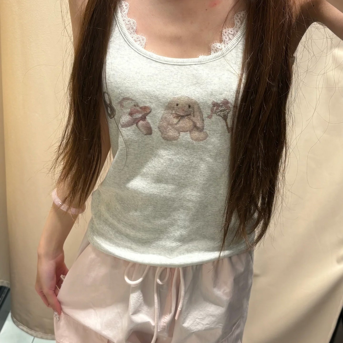 brandygirl BM vm兔子芭蕾舞鞋印花吊带背心女夏季外穿无袖上衣