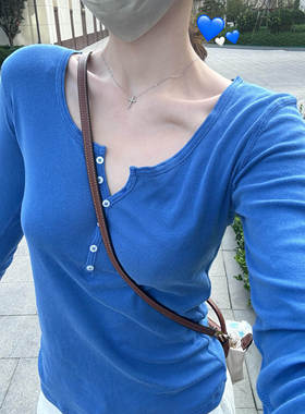 Brandy BM风超显白蓝色亨利领长袖T恤女修身显瘦百搭打底衫上衣
