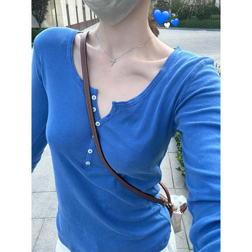 Brandy BM风超显白蓝色亨利领长袖T恤女修身显瘦百搭打底衫上衣