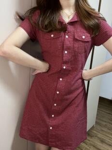 Brandy girl bm新款红色格子翻领衬衫夏季法式连衣裙女小众不撞款