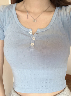 Brandy girl新款三粒扣纯色圆领短袖T恤bm修身短款百搭上衣女