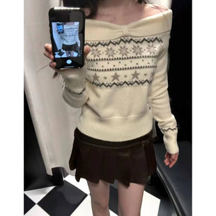 上衣 针织衫 Brandy bm奶白色一字肩费尔岛毛衣女米色宽松长袖