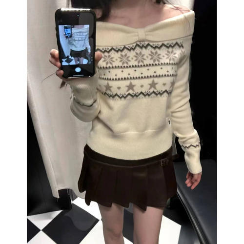 Brandy bm奶白色一字肩费尔岛毛衣女米色宽松长袖针织衫上衣