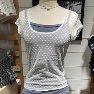 Brandy bm爱心透视网纱性感短袖T恤女夏季蕾丝刺绣U领宽松上衣