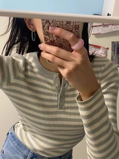 绿色条纹长袖 美式 上衣女bm修身 圆领针织衫 秋季 四粒扣半开衫 新款