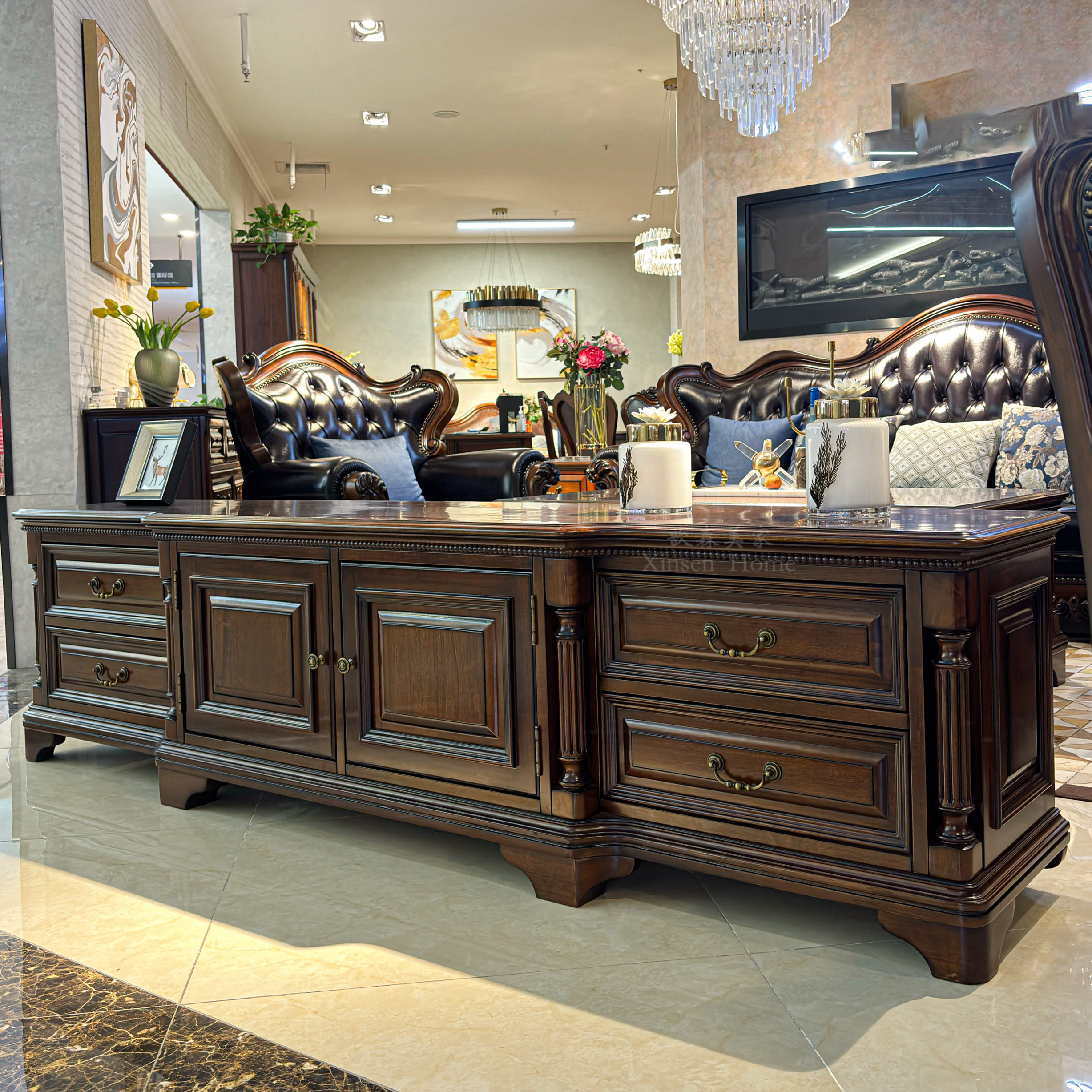 美式电视柜实木电视柜茶几组合金丝柚木电视机柜欧式客厅套房家具