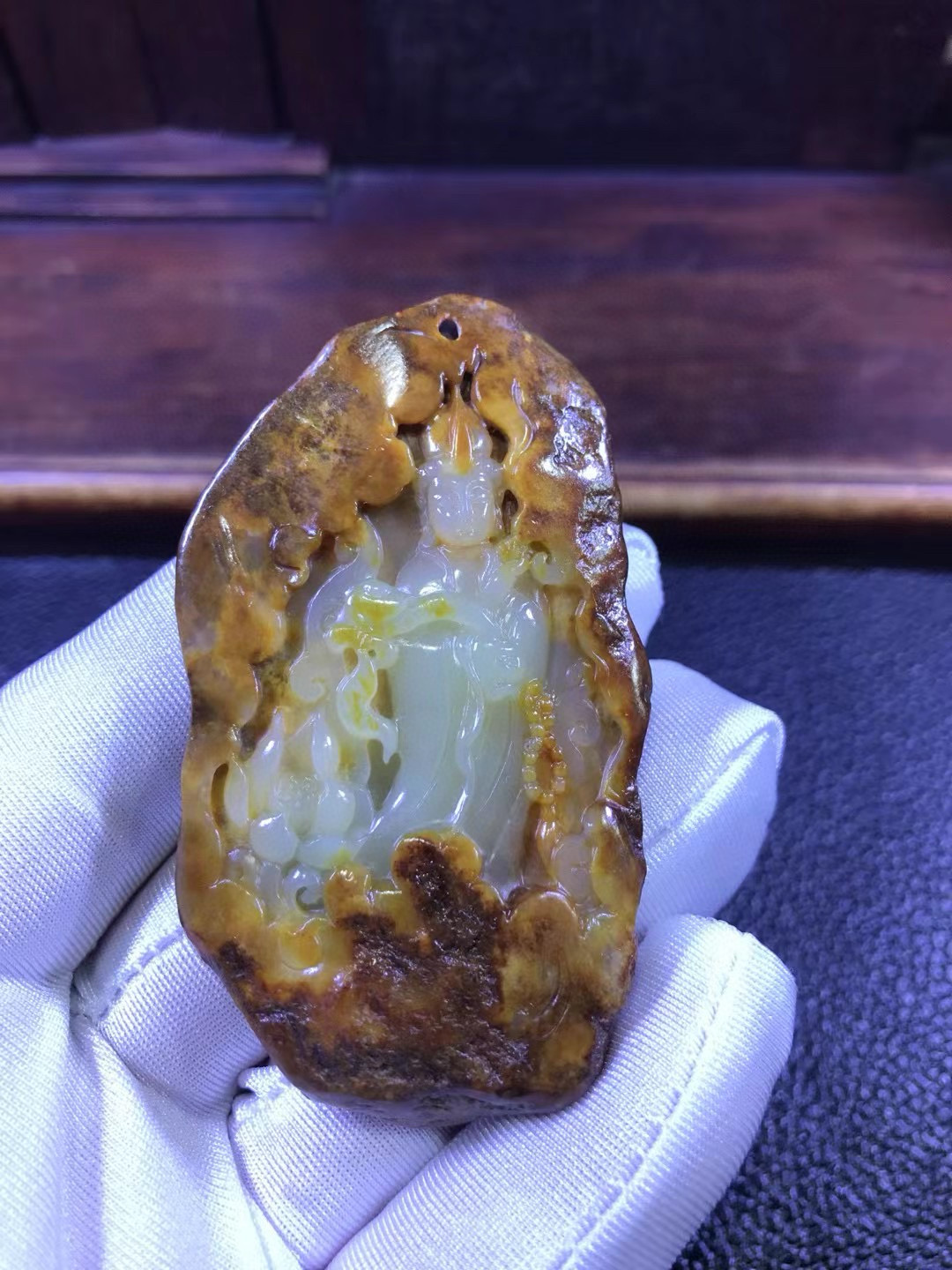 黄白河磨玉独籽料观音吊坠挂坠46克无结构和田玉东北籽料透闪石玉