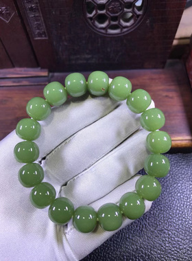 天然和田玉析木黄绿河磨玉一粒皮苹果圆手链55克玉净如水没有结构