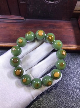 析木河磨玉东北籽料和田玉带皮手镯黄绿肉河磨玉精品手链87克