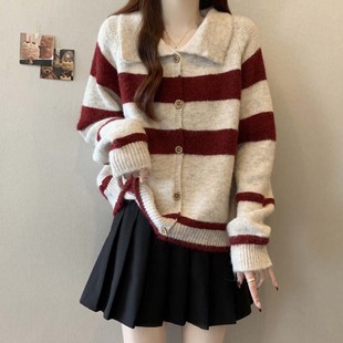 微胖mm高级感宽松慵懒针织开衫 韩系条纹polo领毛衣外套女秋冬大码