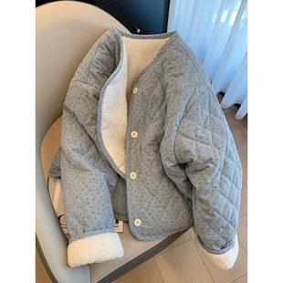 韩系蓝色小碎花灯芯绒棉服女冬季 宽松保暖羊羔绒内里减龄棉衣外套