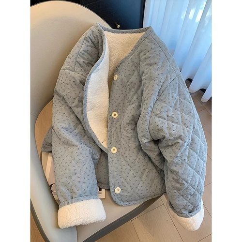 韩系蓝色小碎花灯芯绒棉服女冬季宽松保暖羊羔绒内里减龄棉衣外套