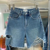 复古高腰破洞牛仔短裤 女夏季 韩版 广州十三行爆款 不规则毛边五分裤