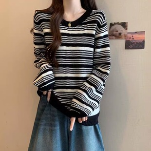 拼色条纹灯笼袖 胖mm慵懒风套头外穿加厚毛衣 针织衫 上衣女秋冬大码