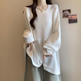 微胖mm显瘦宽松百搭中长款 设计感独特别致拉链卫衣女春秋大码 上衣