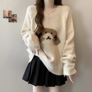 胖mm高级感显瘦针织衫 小狗提花慵懒风V领套头毛衣女秋冬大码 上衣