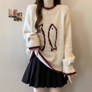 韩系慵懒风套头软糯针织衫 胖mm宽松撞色圆领上衣 毛衣女秋冬季 大码