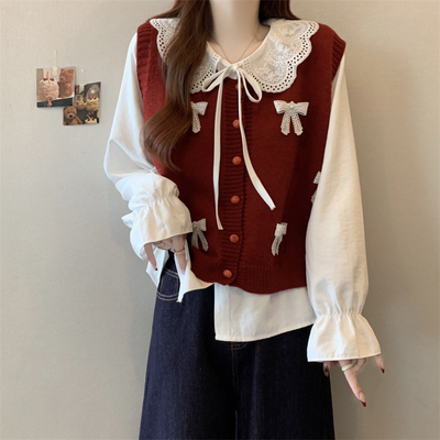 洋气减龄时尚套装女春秋大码微胖mm甜美娃娃领衬衫针织马甲两件套