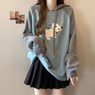 撞色小狗宽松连帽针织衫 慵懒风上衣 毛衣女秋冬大码 胖mm显瘦插肩袖