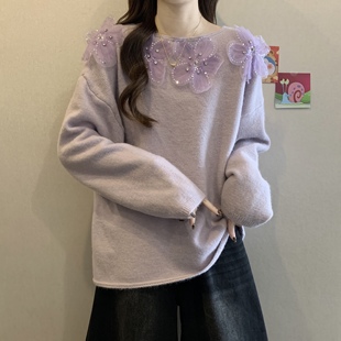 微胖mm温柔气质慵懒软糯针织上衣 镶钻亮片立体花朵毛衣女秋冬大码