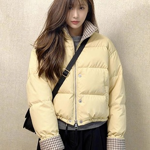 加厚面包服小个子外套 短款 韩系学院风格 子拼接立领黄色棉服女冬季
