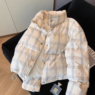 韩系灯芯绒格纹立领加厚棉服女冬2025新款 外套 保暖休闲小个子短款