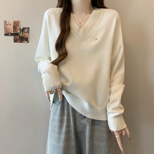 胖mm显瘦遮肉内搭打底针织上衣 慵懒风宽松V领套头毛衣女秋冬大码