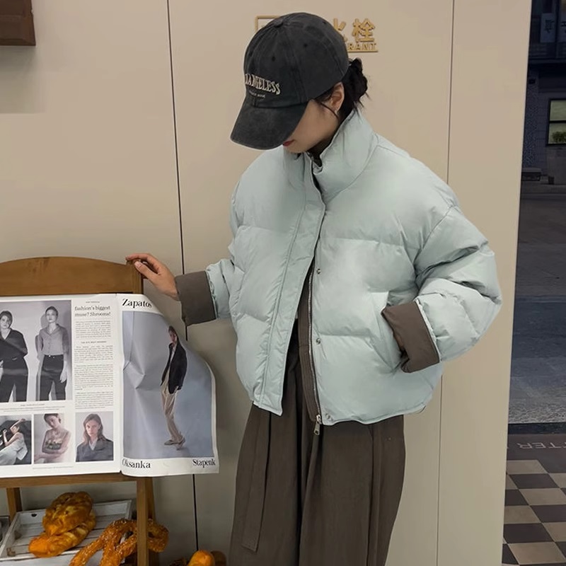 韩系撞色立领棉服女短款2024年新款小个子加厚保暖面包服棉衣外套