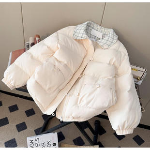 格纹设计感拼接翻领粉色棉衣女冬季 保暖加厚面包棉服外套 2025新款