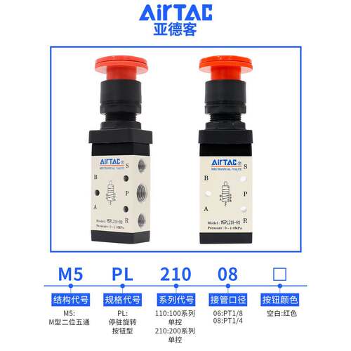 AirTAC原装亚德客停驻旋转按钮型手动阀 M3PL110/M5PL210-06/08